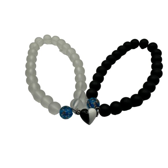 Yin Yang Friendship Bracelets Set With Heart Charm & Blue Accents - Picture 2 of 6